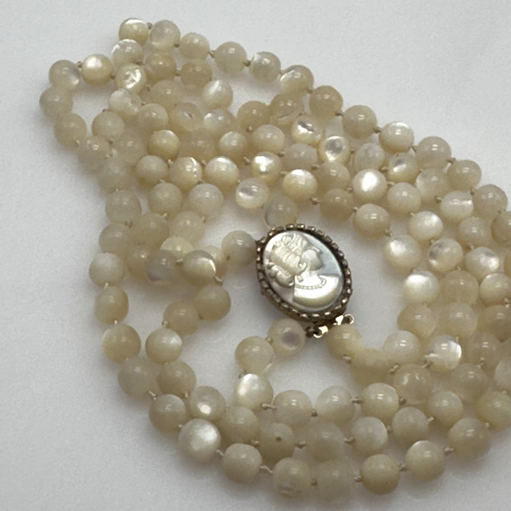 Vintage Mother of Pearl Cameo Clasp MOP Beaded Necklace Double Strand 8mm